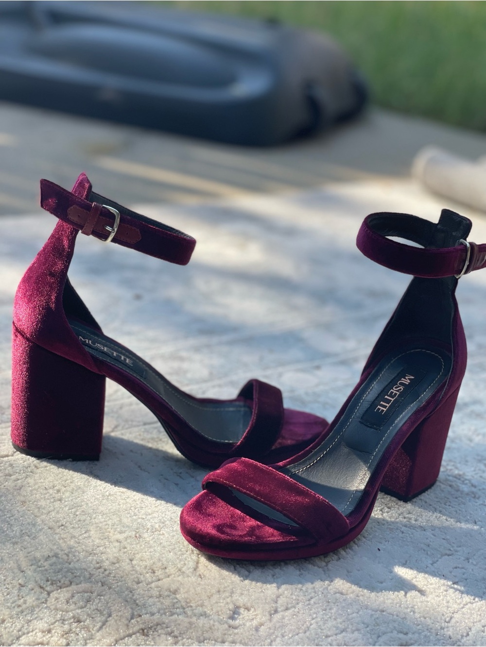 Vero Cuoio Velvet Ankle-Strap Block Heels in Burgundy